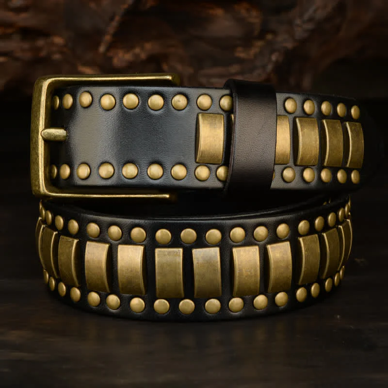 Men's Antique Gold Round Square Rivets Leather Belt - Image 7