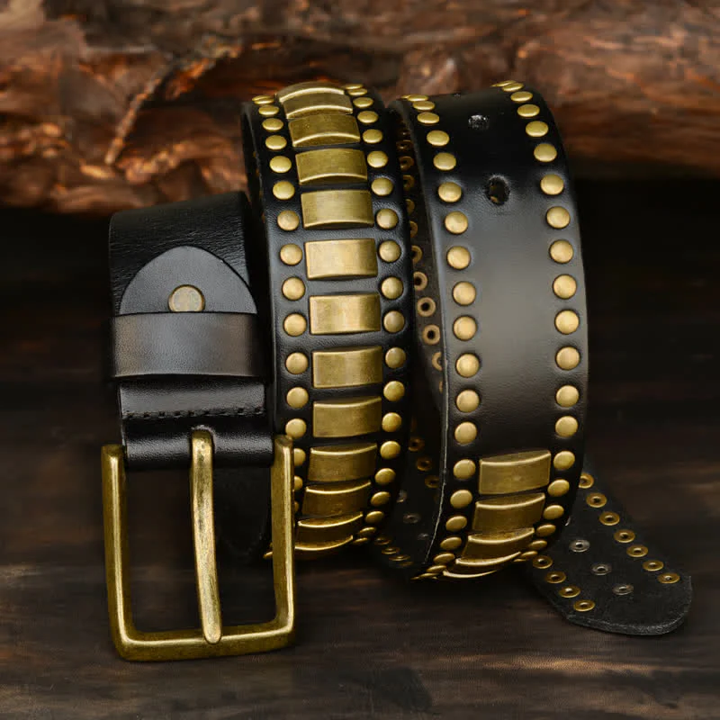 Men's Antique Gold Round Square Rivets Leather Belt - Image 8