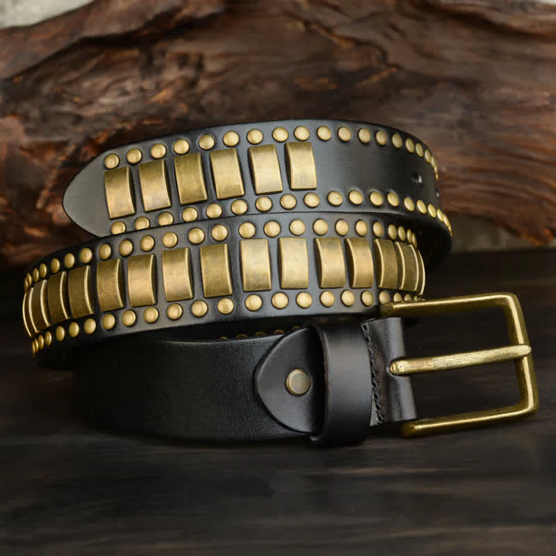 Men's Antique Gold Round Square Rivets Leather Belt - Image 9