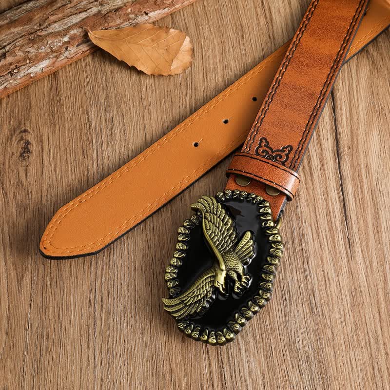 Men's Antique Gold Eagle Soaring Hawk Leather Belt - Image 4