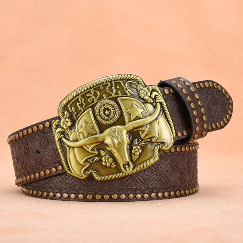 Men's Antique Longhorn Steer Rivet Leather Belt - Image 11