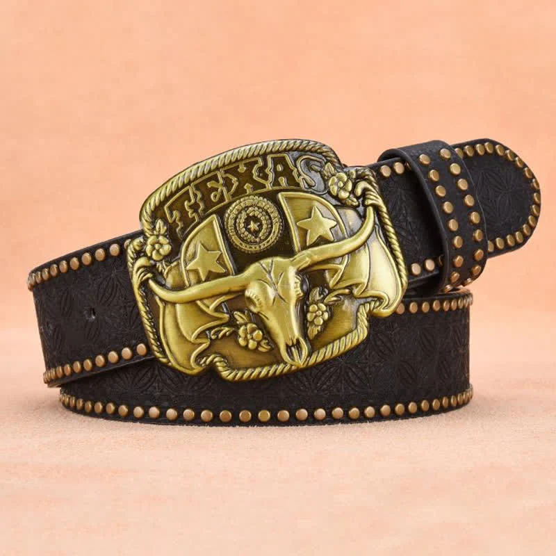 Men's Antique Longhorn Steer Rivet Leather Belt - Image 9