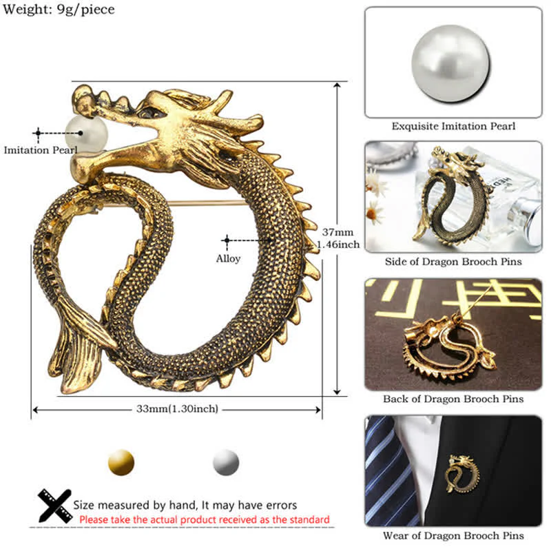 Men's Antique Tone Dragon Imitation Pearl Brooch - Image 4