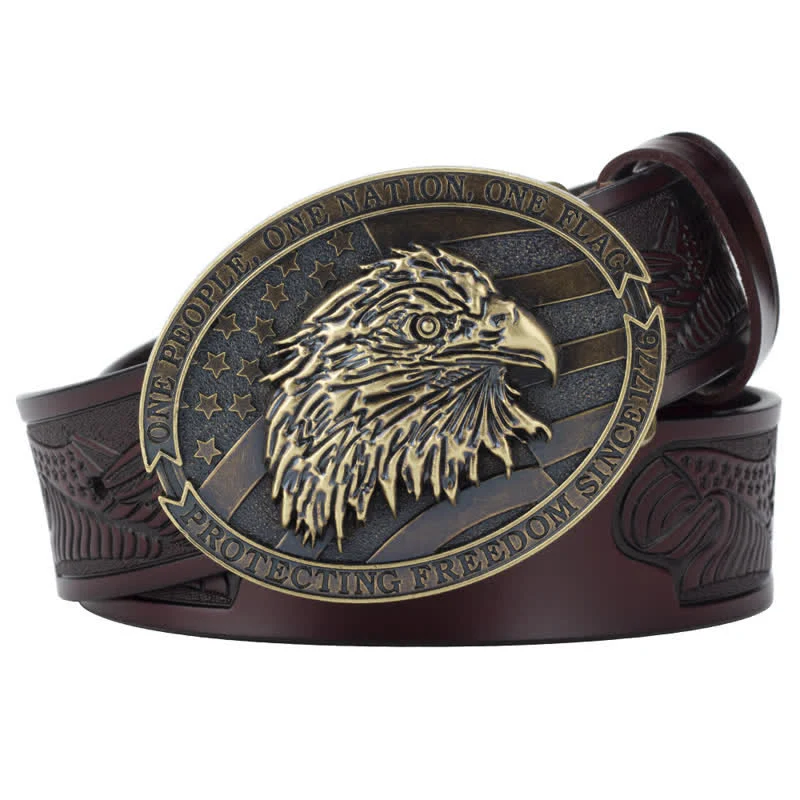 Men's Bald Eagle Head American Flag Buckle Leather Belt - Image 12