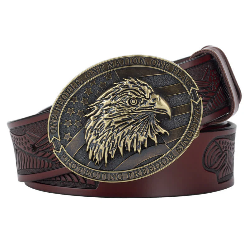 Men's Bald Eagle Head American Flag Buckle Leather Belt - Image 13