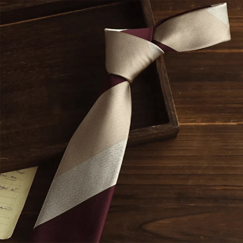 Men's Beige & Burgundy Diagonal Striped Necktie - Image 2