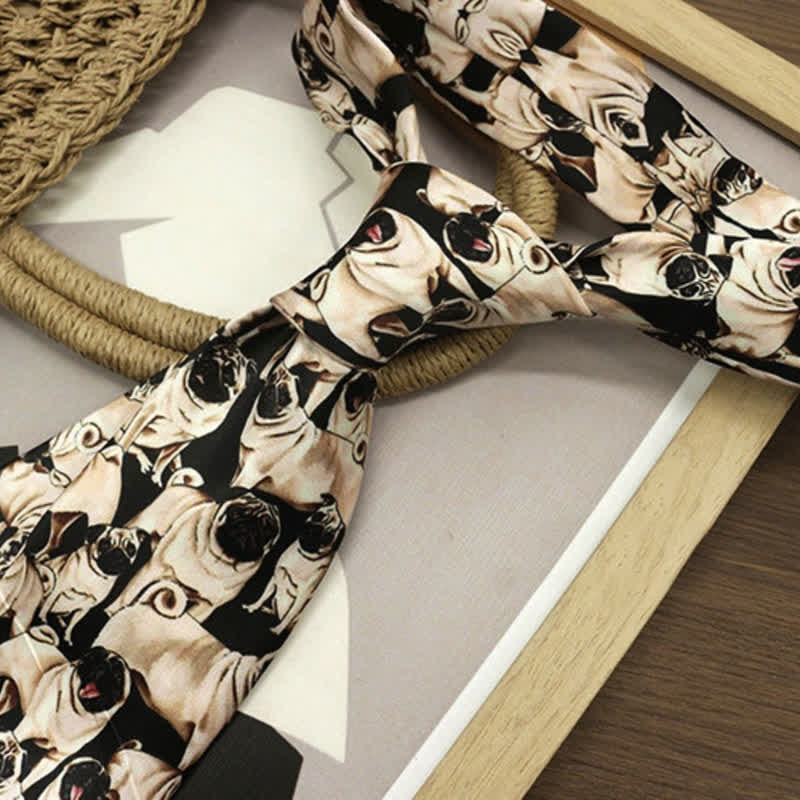 Men's Black & Beige A Bunch Of Pugs Printed Necktie - Image 2