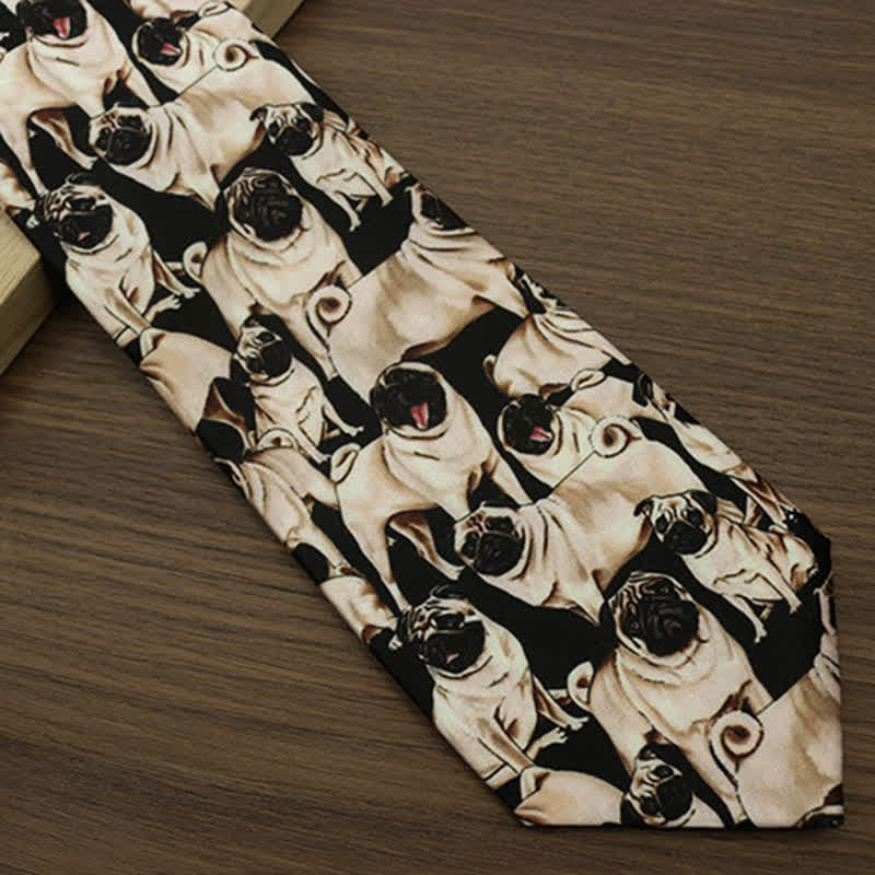 Men's Black & Beige A Bunch Of Pugs Printed Necktie - Image 3