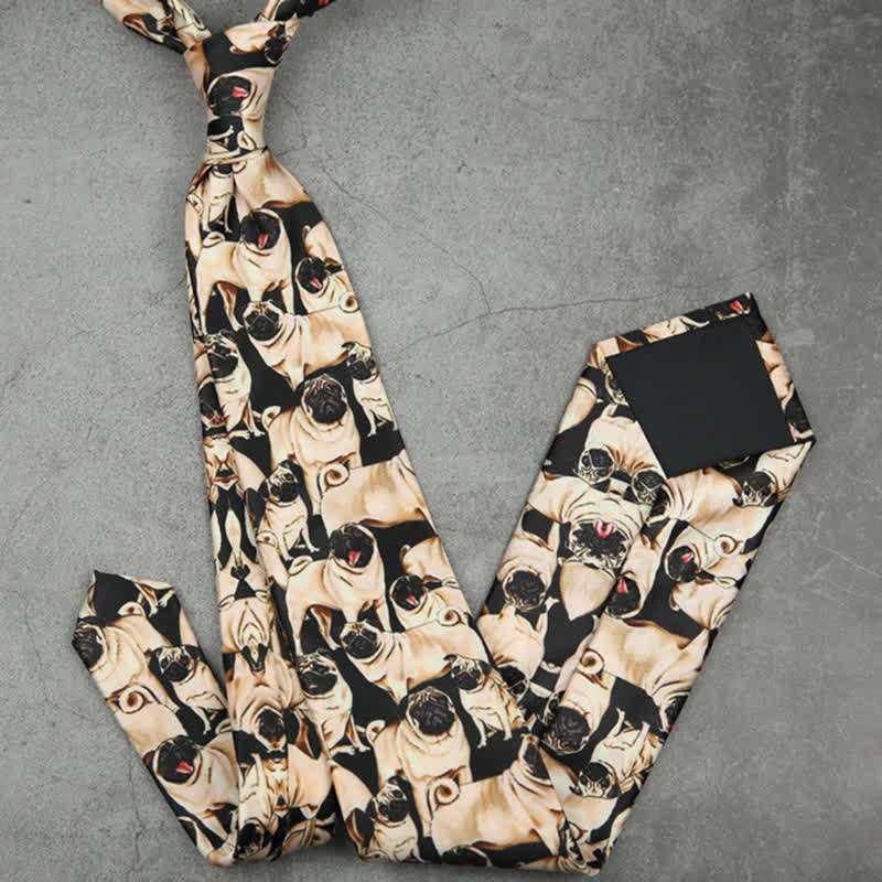 Men's Black & Beige A Bunch Of Pugs Printed Necktie - Image 4