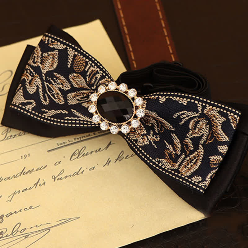 Men's Black Crystal Narrow Double Layers Bow Tie - Image 3