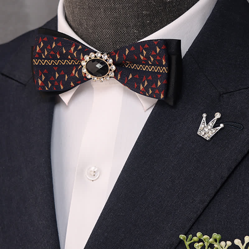 Men's Black Crystal Narrow Double Layers Bow Tie - Image 5