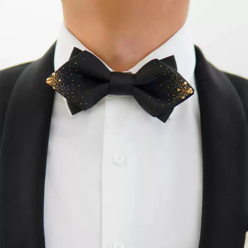 Men's Black Gold Wire Double Layers Pointy Bow Tie - Image 2