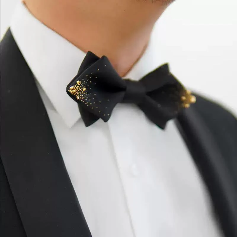 Men's Black Gold Wire Double Layers Pointy Bow Tie - Image 3