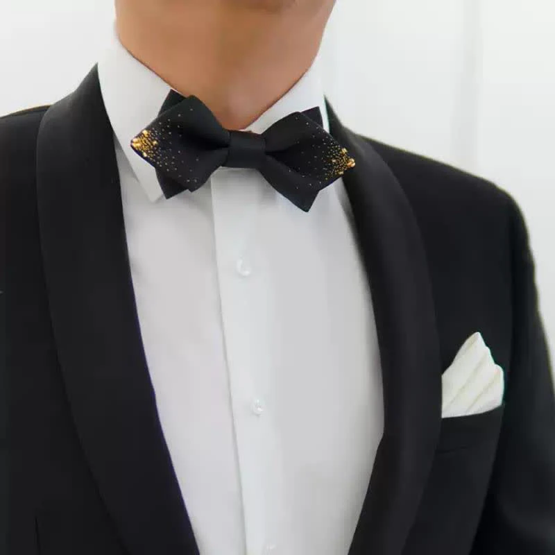 Men's Black Gold Wire Double Layers Pointy Bow Tie - Image 4