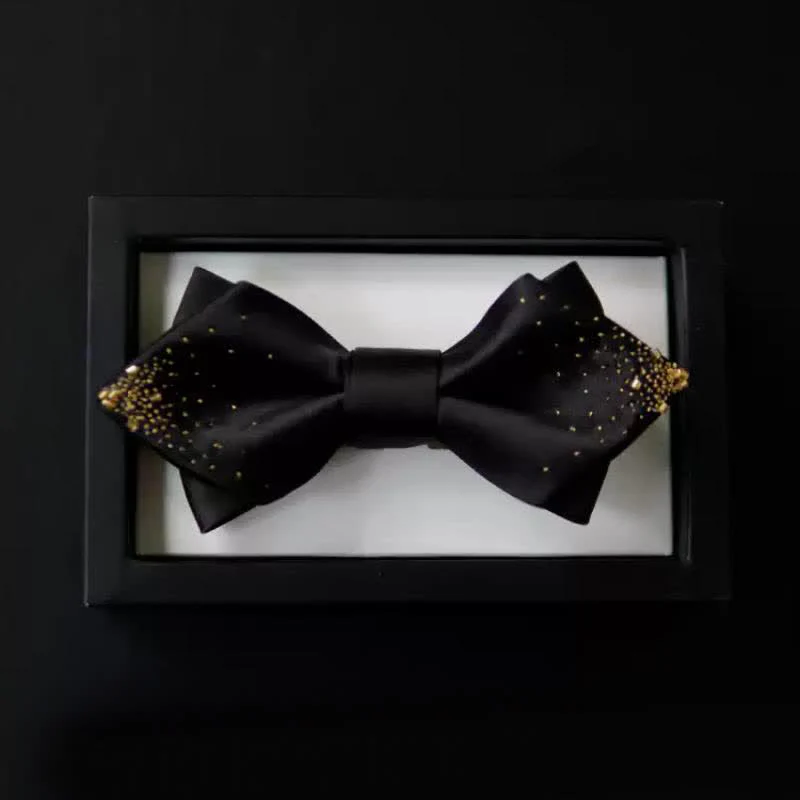 Men's Black Gold Wire Double Layers Pointy Bow Tie - Image 5