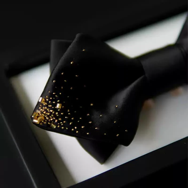 Men's Black Gold Wire Double Layers Pointy Bow Tie - Image 6