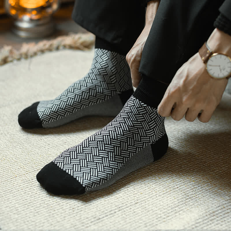 Men's Black Leisure Lattice Striped Crew Socks - Image 10