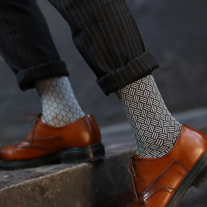 Men's Black Leisure Lattice Striped Crew Socks - Image 11