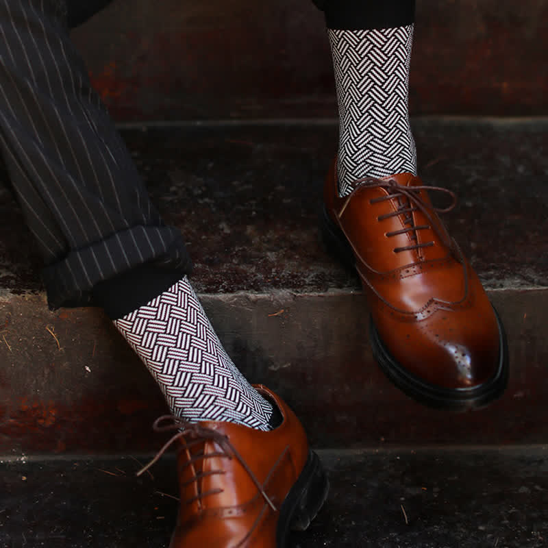 Men's Black Leisure Lattice Striped Crew Socks - Image 12