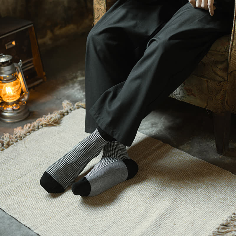 Men's Black Leisure Lattice Striped Crew Socks - Image 15