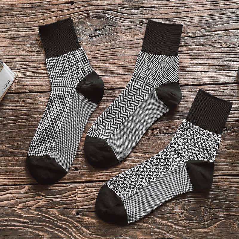 Men's Black Leisure Lattice Striped Crew Socks - Image 2