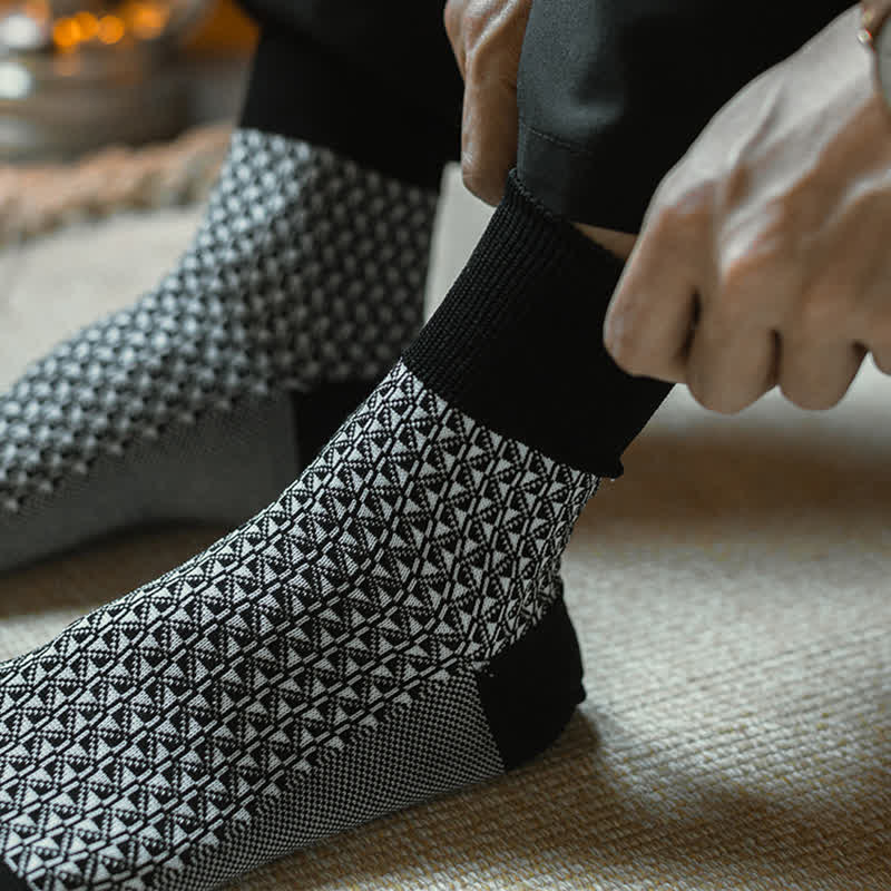 Men's Black Leisure Lattice Striped Crew Socks - Image 4