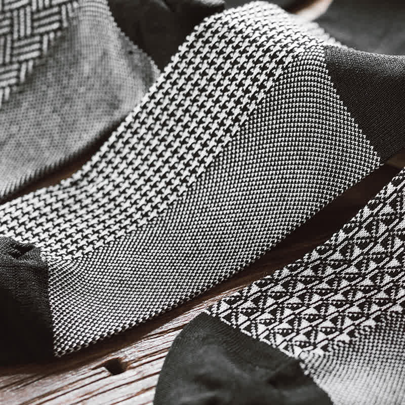 Men's Black Leisure Lattice Striped Crew Socks - Image 7