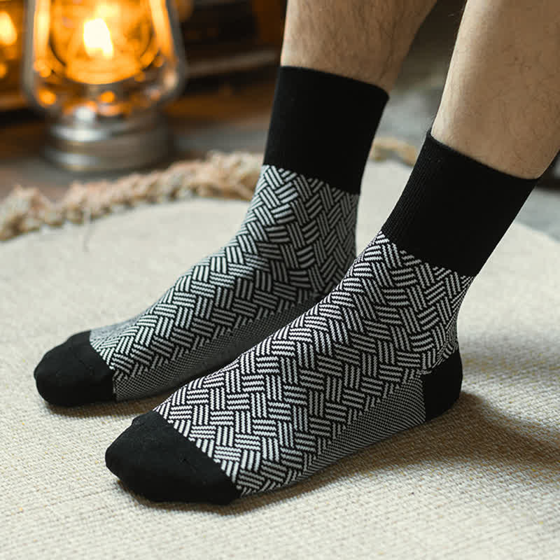 Men's Black Leisure Lattice Striped Crew Socks - Image 9