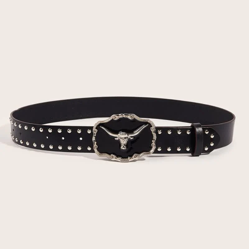 Men's Black Longhorn Bull Rivet Leather Belt - Image 2