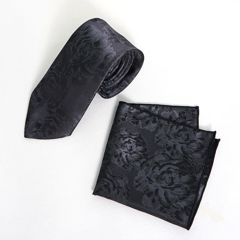 Men's Black Peony Classic Flower Business Necktie Pocket Square - Image 8