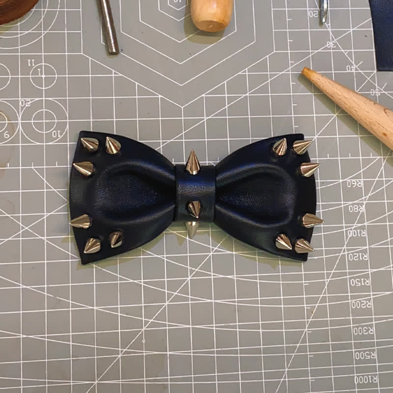 Men's Black Rivet Spiked Leather Bow Tie - Image 2
