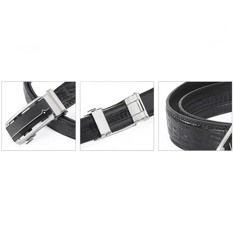 Men's Black & Silver Crocodile Print Automatic Buckle Leather Belt - Image 7
