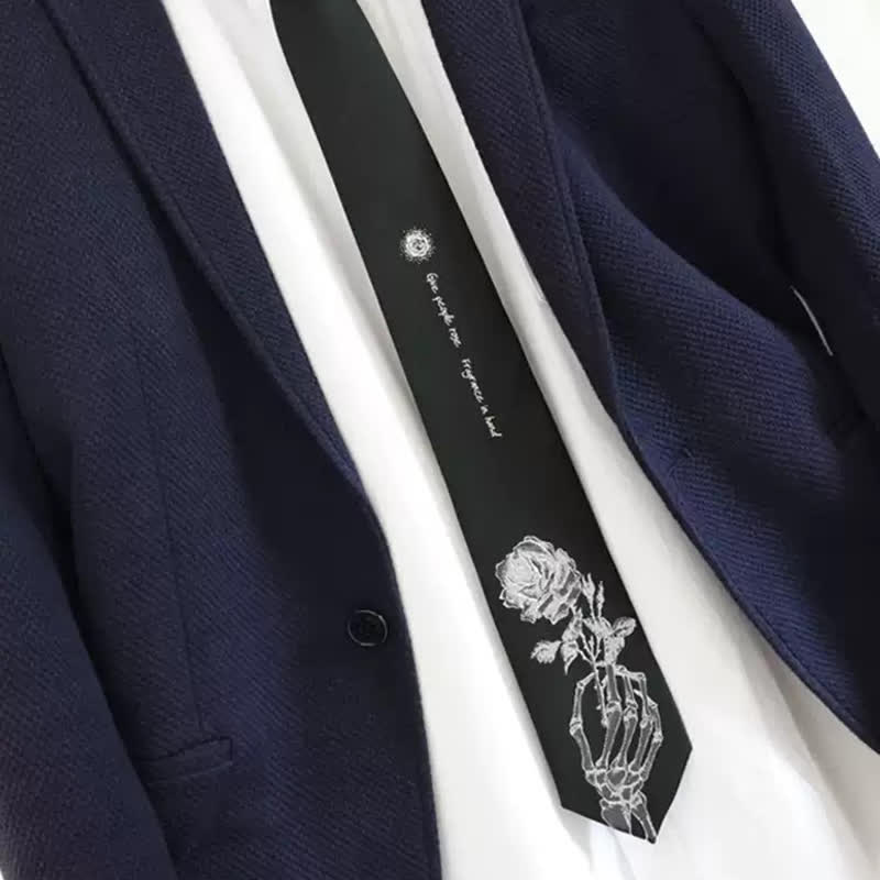 Men's Black & Silver Give People Rose Printed Necktie - Image 2