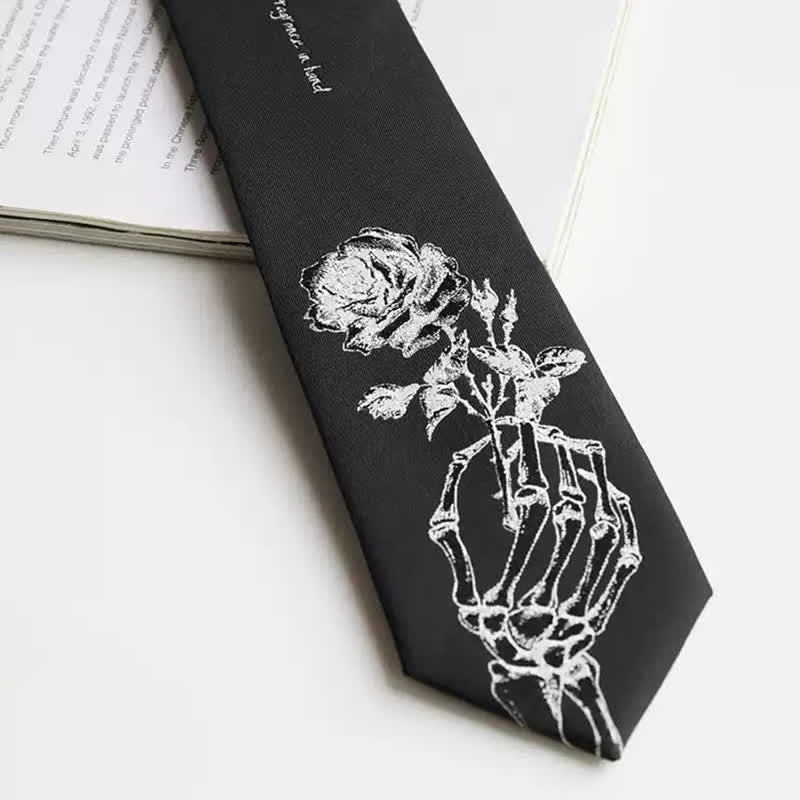 Men's Black & Silver Give People Rose Printed Necktie - Image 4