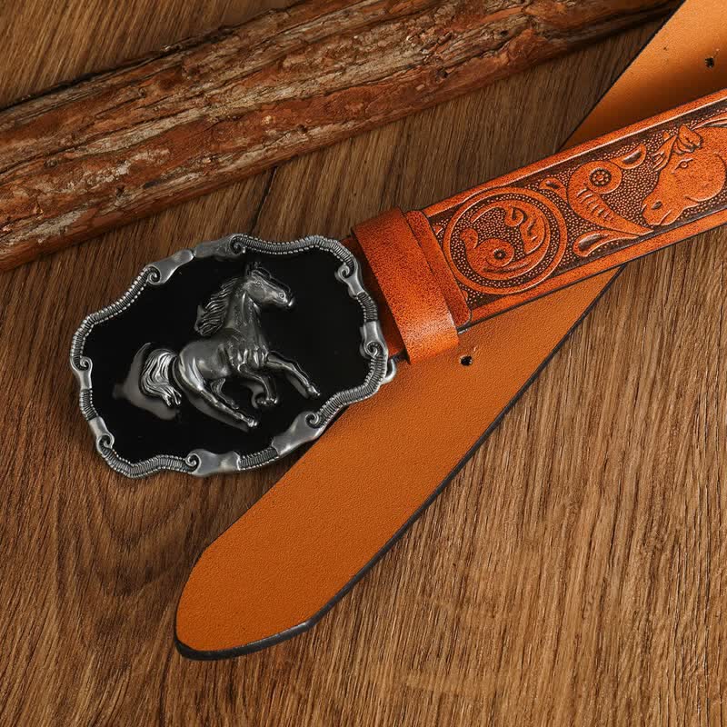 Men's Black Silver Running Horse Leather Belt - Image 13
