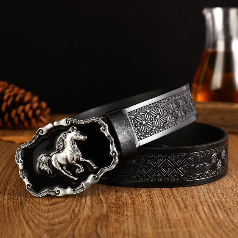 Men's Black Silver Running Horse Leather Belt - Image 4