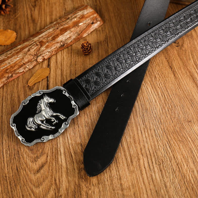 Men's Black Silver Running Horse Leather Belt - Image 5