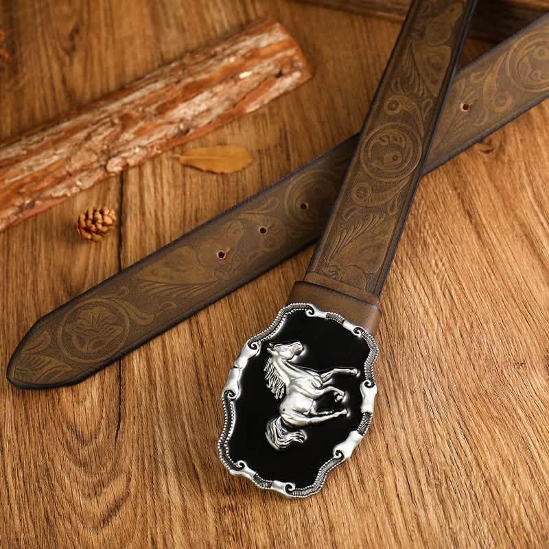 Men's Black Silver Running Horse Leather Belt - Image 7