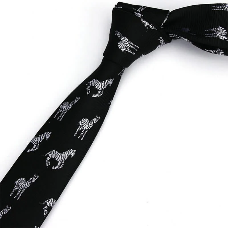Men's Black Skinny Twill Zebra Motifs Necktie - Image 2