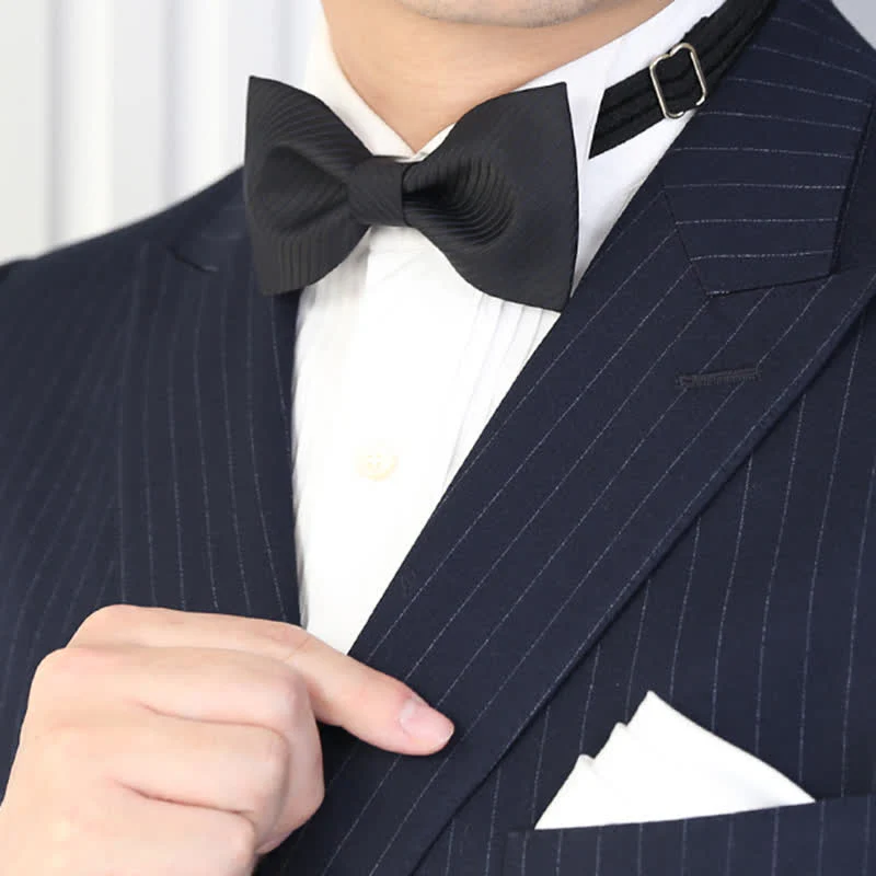 Men's Black Subtle Twilled Navy Striped Business Bow Tie - Image 10