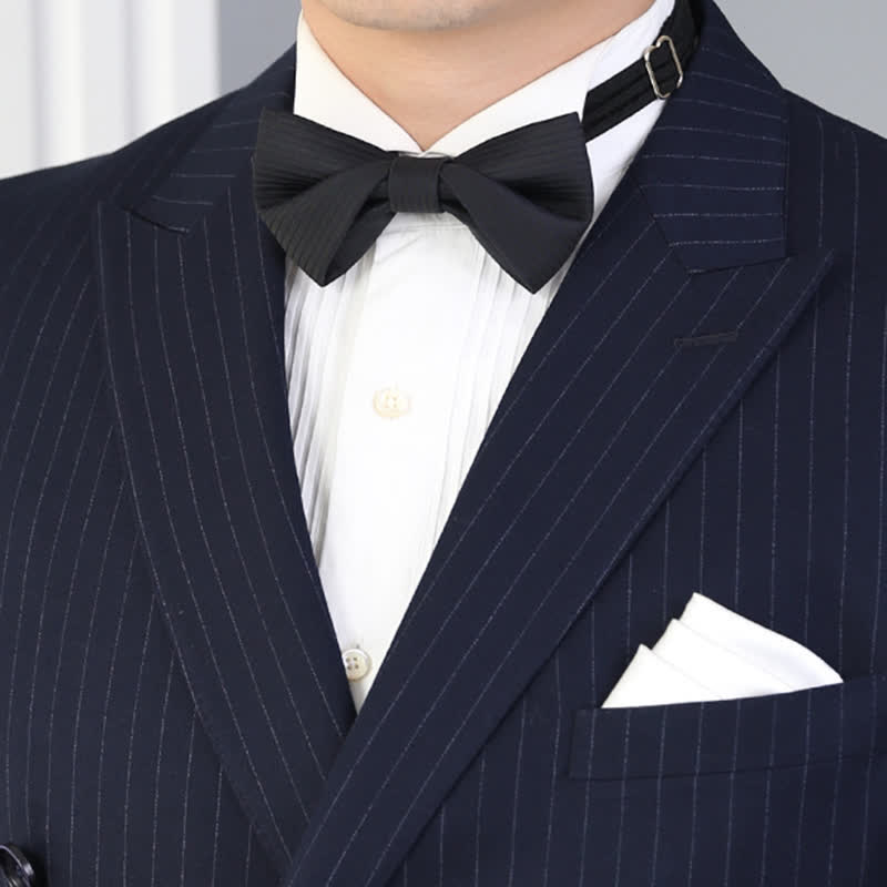 Men's Black Subtle Twilled Navy Striped Business Bow Tie - Image 4