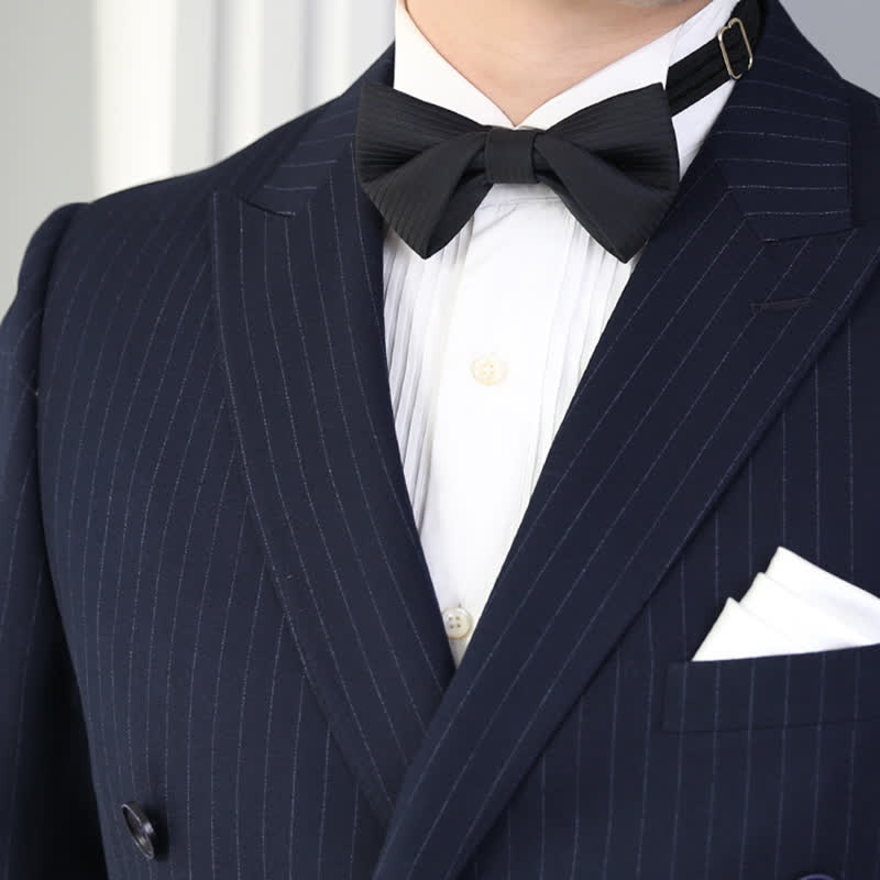 Men's Black Subtle Twilled Navy Striped Business Bow Tie - Image 5