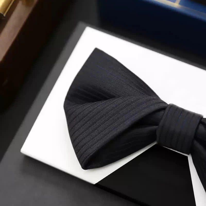 Men's Black Subtle Twilled Navy Striped Business Bow Tie - Image 6