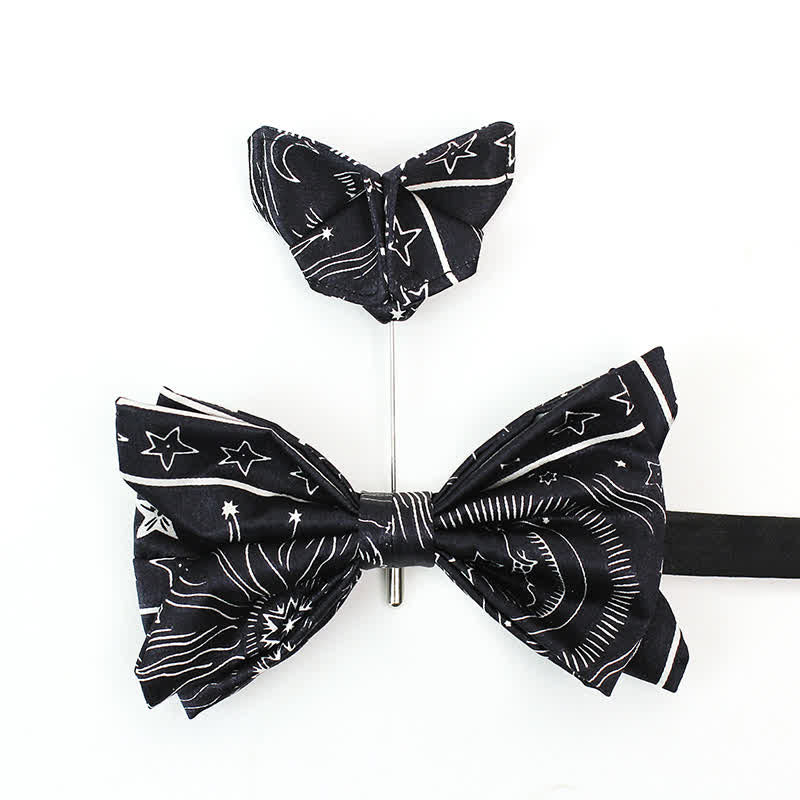 Men's Black Sun Moon Stars Pattern Bow Tie - Image 4