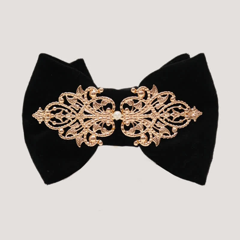 Men's Black Velvet Metallic Decor Oversized Pointed Bow Tie - Image 2
