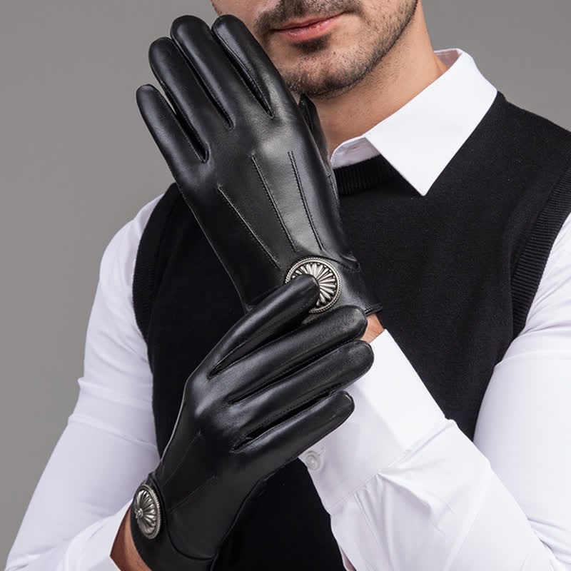 Men's Black Vintage Metal Emblem Genuine Leather Gloves