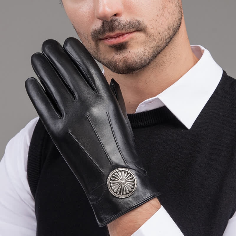 Men's Black Vintage Metal Emblem Genuine Leather Gloves - Image 10