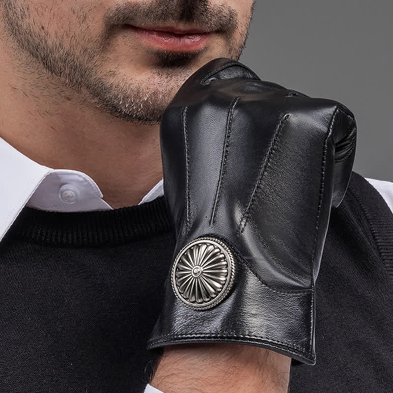 Men's Black Vintage Metal Emblem Genuine Leather Gloves - Image 2