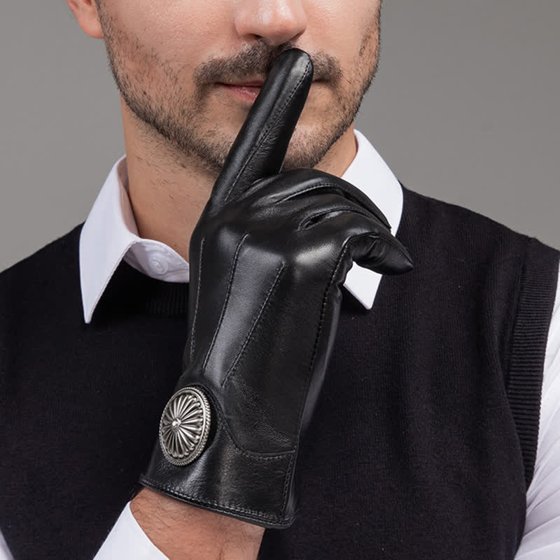 Men's Black Vintage Metal Emblem Genuine Leather Gloves - Image 8