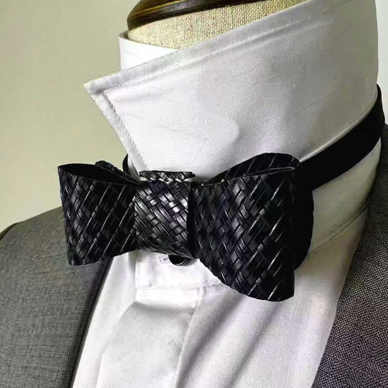 Men's Black Weave Pattern Genuine Leather Bow Tie - Image 2
